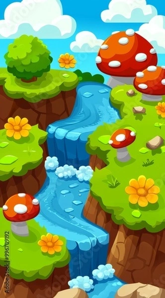 Obraz  A cartoon image featuring a landscape with a waterfall, a mushroom atop the hill, and flowers beneath it