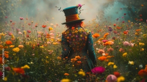 Fototapeta Minimalist background: A whimsical Wonderland tea party scene with Mad Hatter, Alice, and vintage silhouettes in a fabulous fairytale-inspired vector illustration.

