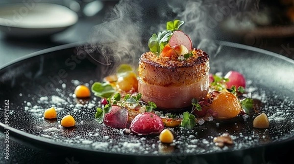 Fototapeta Steaming Gourmet Scallop Dish with Bacon and Garnish