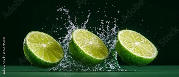 Fototapeta  A collection of limes with water spattering from their tops against a verdant backdrop, contrasting with a dark background