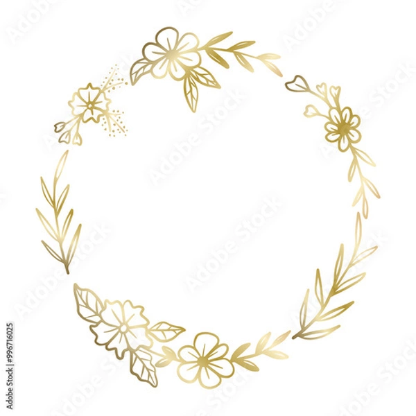 Obraz Golden round floral frame hand drawn minimalist botanical wreath