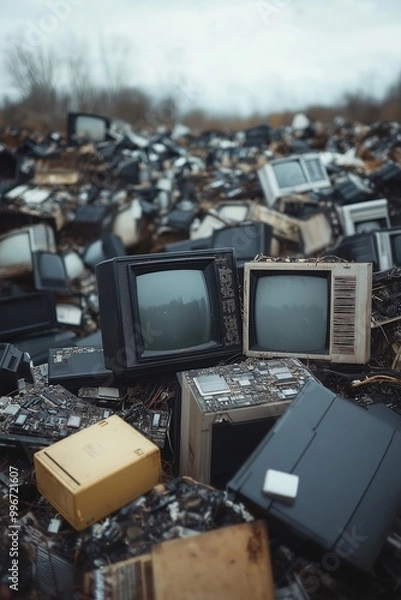 Fototapeta A large pile of discarded televisions and electronics littered across an outdoor junkyard