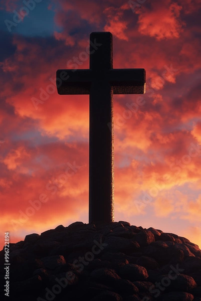 Fototapeta Cross on a hill with dramatic sunset