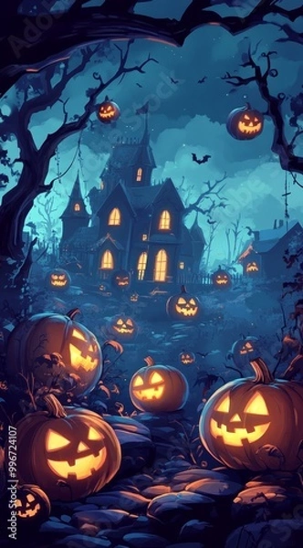 Fototapeta  A house fronted by a jack-o-lantern pumpkin ensemble, surrounded by a graveyard filled with such gourds