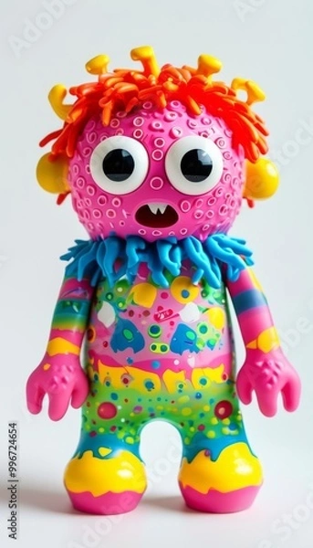 Fototapeta Colorful Furry Monster Toy With Big Eyes And Horns