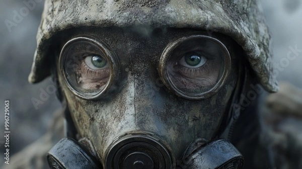 Fototapeta A close-up of a person wearing a gas mask, highlighting intense eyes and a rugged environment.