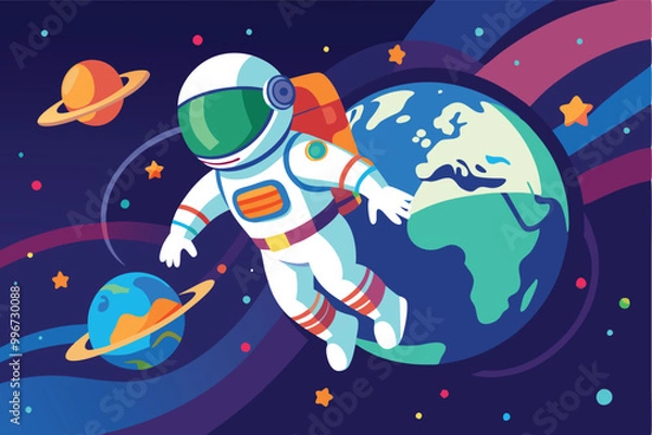 Fototapeta Astronaut floating in space with Earth in the background. Colorful illustration for space exploration, science fiction, and dreams of the future