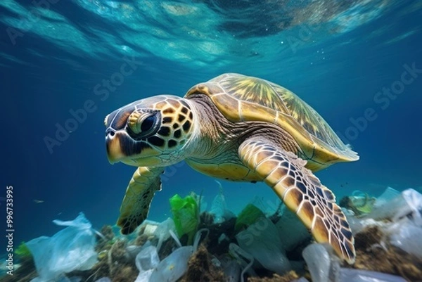 Obraz A sea turtle swim through trash underwater outdoors reptile.