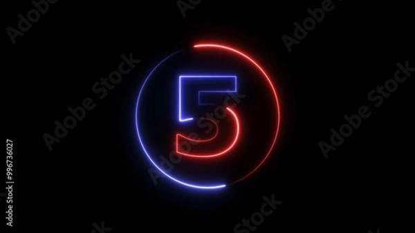 Fototapeta Abstract neon light countdown 5 number illustration background 4K.