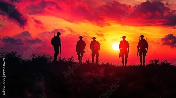 Obraz Silhouetted soldiers against a vibrant sunset, symbolizing courage and unity.
