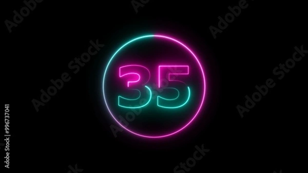 Fototapeta Abstract glowing neon countdown number 35 background 4k illustration.