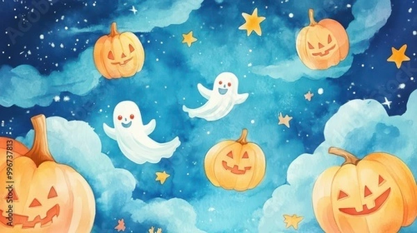 Fototapeta Enchanting Watercolor Halloween Night with Pumpkins, Smiling Ghosts, and Pastel Clouds