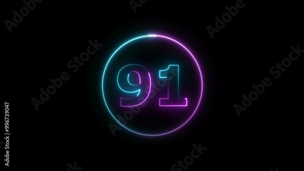 Fototapeta Abstract glowing neon 91 number background 4k illustration.