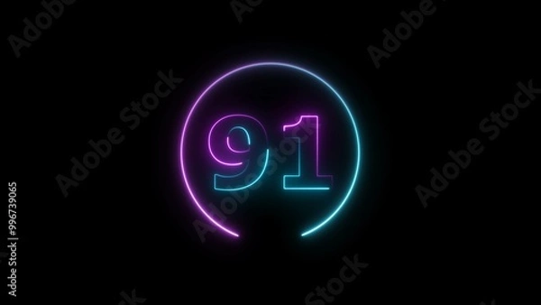 Fototapeta Abstract glowing neon 91 number background 4k illustration.