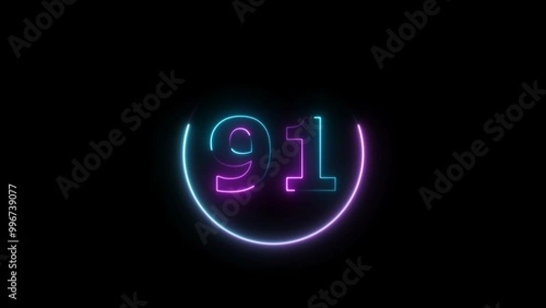 Fototapeta Abstract glowing neon 91 number background 4k illustration.