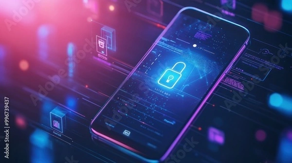 Obraz A smartphone displaying a digital lock symbol, emphasizing cybersecurity and data protection.