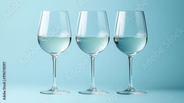 Fototapeta Three empty wine glasses on a blue background.