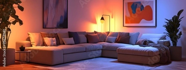 Fototapeta Cozy and inviting modern living room with a large comfortable sectional sofa and minimalist stylish decor featuring warm lighting plush throw blankets abstract artwork and potted plants