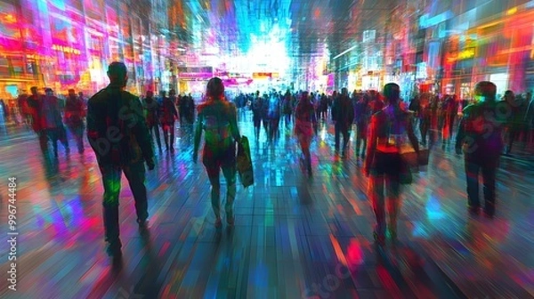 Fototapeta Cyber Monday Bioluminescent Cyborg Shoppers Navigating Fluid Digital Landscapes and Seamless Augmented Reality Overlays Showcasing Organic Tech Fusion and Transhumanist Impressionistic Visions