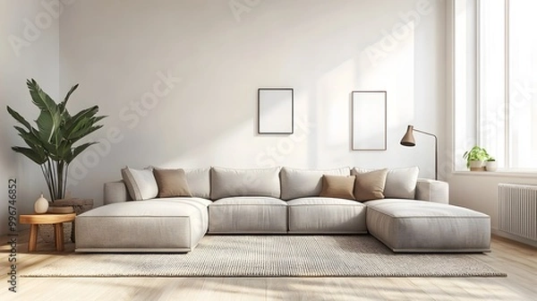 Fototapeta Cozy and inviting modern living room with a large comfortable sectional sofa and minimalist stylish decor  The bright accents create a warm and welcoming atmosphere