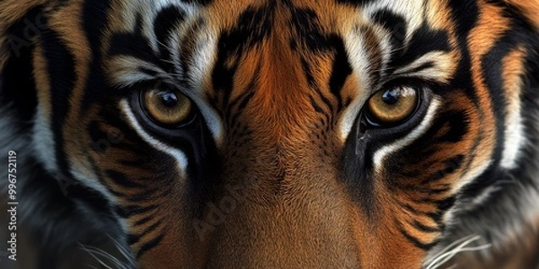 Fototapeta A detailed macro shot of a tiger face with a focus on its intense gaze and facial features, emphasizing the sharpness and power of the animal. 
