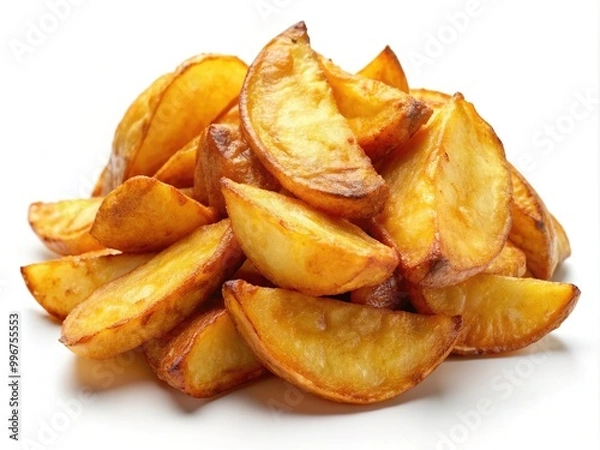 Fototapeta Crispy golden fried potato wedges isolated on a white background, perfectly cooked to a delicious crunch, adding a savory touch to any meal.