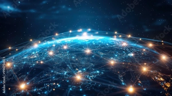 Fototapeta Global communication is represented by a digital globe with network connections.