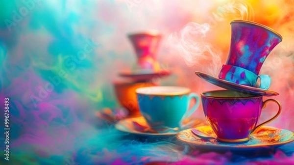 Fototapeta Vibrant Wonderland Tea Party: A colorful banner background of Mad Hatter Day  where the Mad Hatterâ€™s tea party is bathed in vivid colors and vibrant energy, 