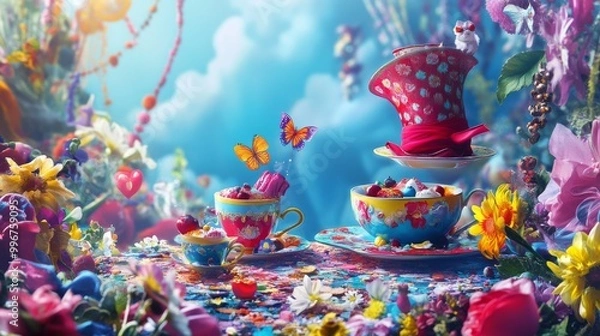 Fototapeta Vibrant Wonderland Tea Party: A colorful banner background of Mad Hatter Day  where the Mad Hatterâ€™s tea party is bathed in vivid colors and vibrant energy, 