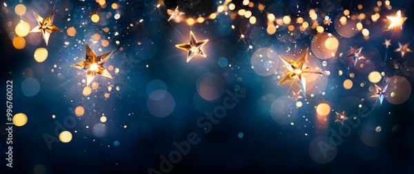 Fototapeta Christmas Stars string Lights On Blue Night - Abstract Defocused Bokeh In Background