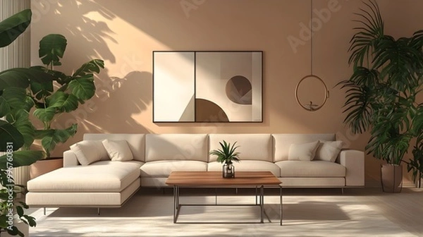 Fototapeta Cozy and inviting modern living room with a large comfortable sectional sofa and minimalist stylish decor the color walls highlighting clean lines and geometric forms lush indoor greenery