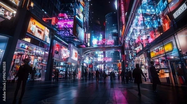 Fototapeta Cyber Monday s Futuristic Virtual Shopping Metropolis with Luminescent Product Holograms Gesture Controlled Kiosks