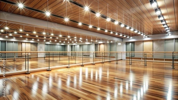 Fototapeta Polished wooden dance studio floor reflects bright overhead lights, surrounded by mirrors and sleek barres, evoking a sense of elegance and movement.