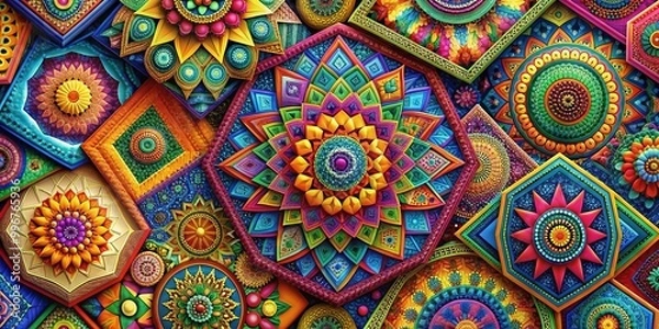 Fototapeta Vibrant, multi-colored geometric shapes in intricate patterns create a mesmerizing abstract background, perfect for adding a pop of modern style to any design or composition.