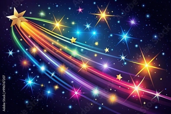 Fototapeta Vibrant colorful vector illustration of shooting stars streaking across a dark night sky, leaving trails of light and sparkle, conveying magic and wonder.