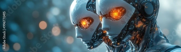 Fototapeta Futuristic robots with glowing eyes set against a tech-inspired backdrop, symbolizing advanced technology and artificial intelligence.