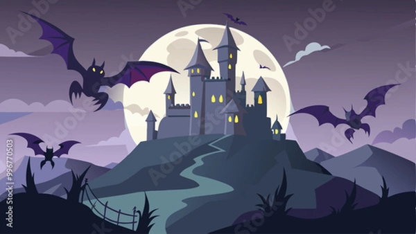 Fototapeta Print Vampire Bats Flying Over a Misty Castle Halloween Background Vector Illustration for Spooky Night Designs