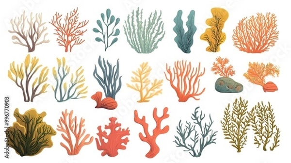 Fototapeta Seaweed, coral, and sea plants clip art set in a flat vector style on a white background with margins, in bright pastel colors