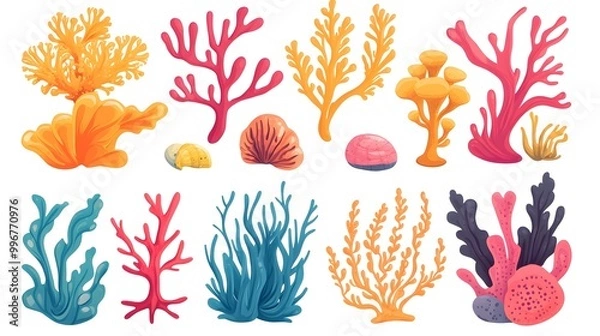 Fototapeta Seaweed, coral, and sea plants clip art set in a flat vector style on a white background with margins, in bright pastel colors