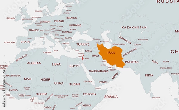 Fototapeta Map of israel and  iran . Highlighting the two countries on the map.