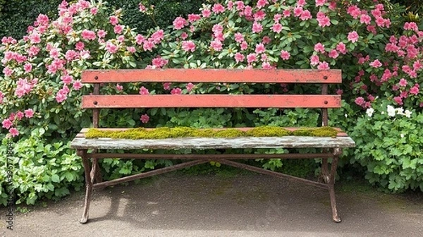 Fototapeta Worn-out garden bench with rusting metal frame, chipped paint, and moss-covered wood, surrounded by blooming flowers, capturing rustic beauty