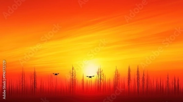 Fototapeta Silhouetted trees against a vibrant orange sunset with flying drones.