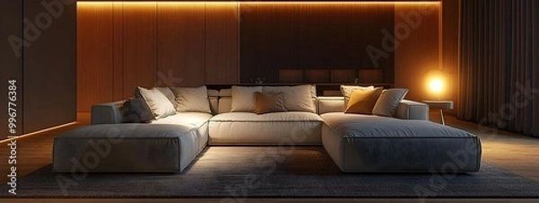 Fototapeta Cozy and inviting modern living room with a large comfortable sectional sofa elegant abstract expressionist brushwork decor and dramatic chiaroscuro lighting creating a peaceful tranquil ambiance