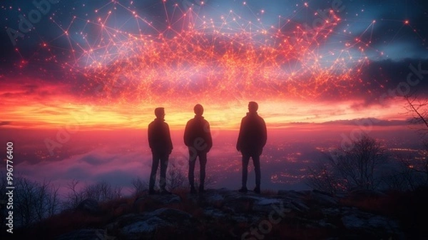 Fototapeta Three silhouettes stand against a vibrant sunset, gazing at a sky filled with glowing stars and colorful clouds.