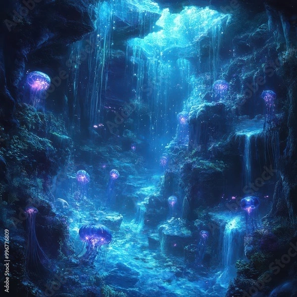 Fototapeta Underwater Cave Oasis: Lush Blue Vegetation and Glowing Jellyfish Amidst a Serene Waterfall Ecosystem