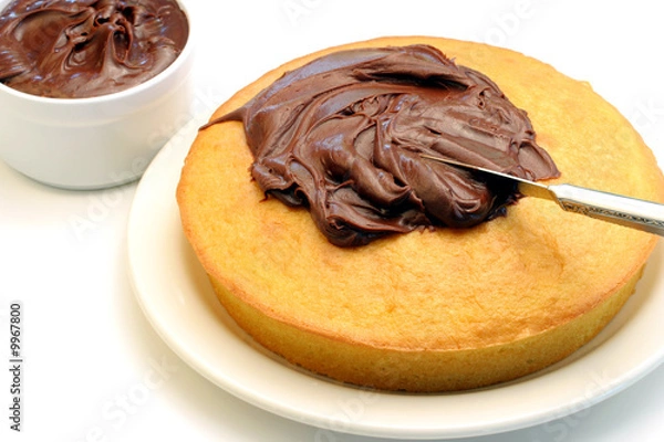 Obraz White cake layer being iced with chocolate fudge frosting.