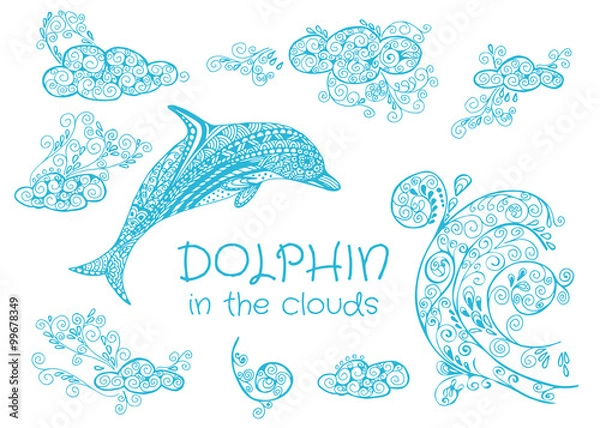 Obraz Set of hand-drawn vector elements doodled dolphin in the clouds.