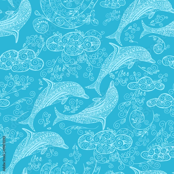 Obraz Doodled delfin w chmurach bezszwowych tekstur