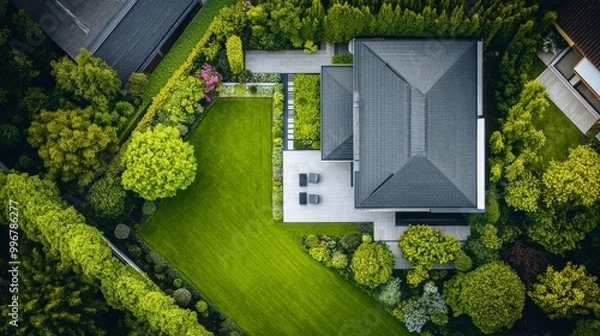 Fototapeta The image showcases a contemporary house surrounded by a lush garden, featuring manicured lawns and tranquil patio spaces, captured from above