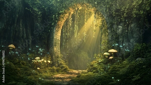 Fototapeta Enchanting hidden alcove nestled in a lush verdant forest featuring a majestic stone archway draped in a cascade of vines and moss bioluminescent mushrooms